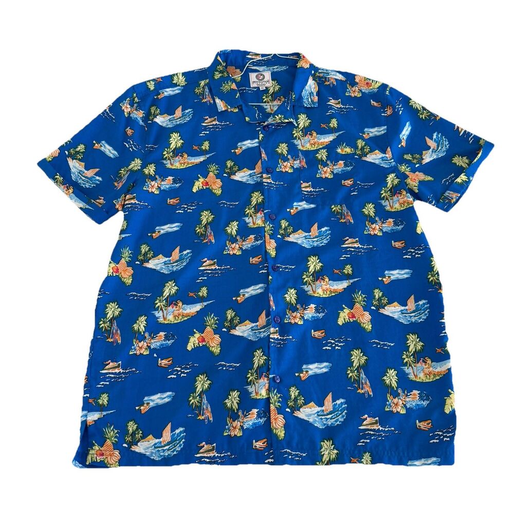 Hawaiian Men's XL  Button Up Shirt Blue Palm Tree Cruise Ship One Resolution